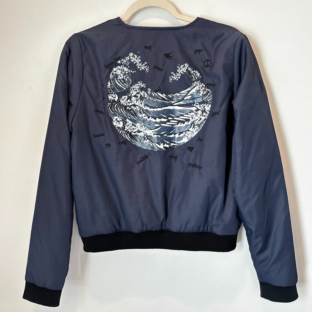The Upside Byrow Bay Bomber Jacket with Pockets Size 6 Navy Biker Boho Art L60